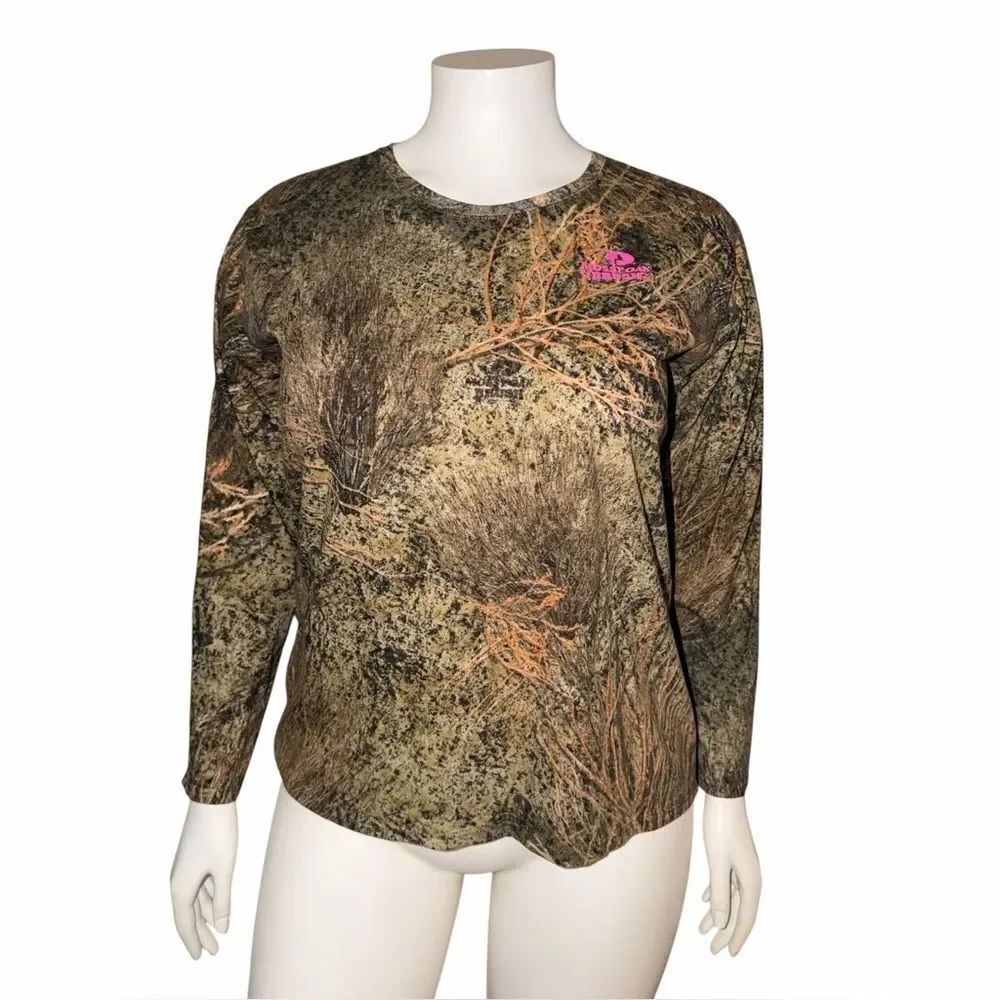 Mossy Oak Womens 2XL Long Sleeve Camo Shirt Pink Logo Brush Pattern Hunting Tee